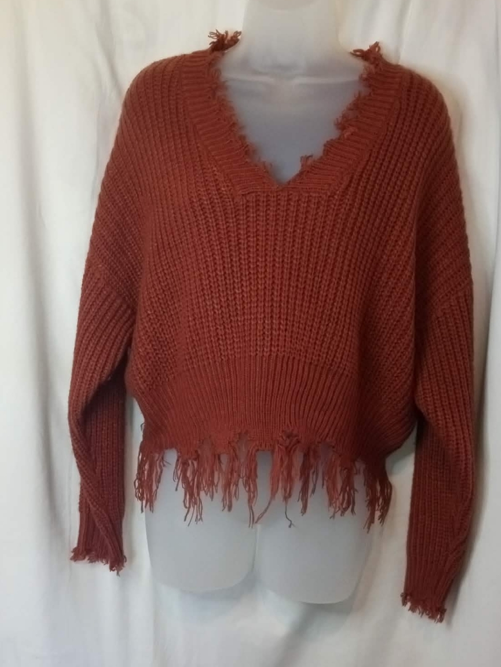 Raw Fringe Hem Shaggy Relaxed Distressed V-Neck Sweater Rust Brown Office Casual